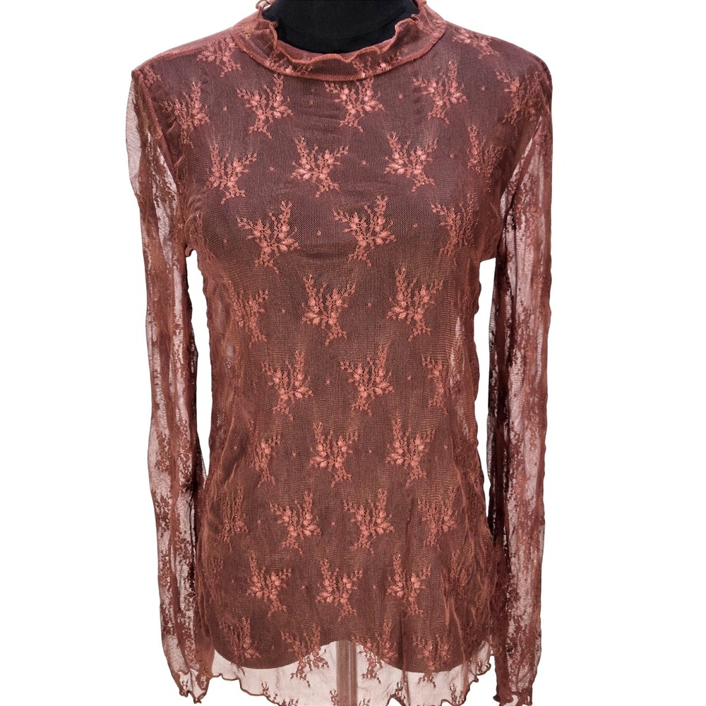 Women's Large Brown Floral Lace Sheer Mock Neck Top Layering Fairy Boho Romantic